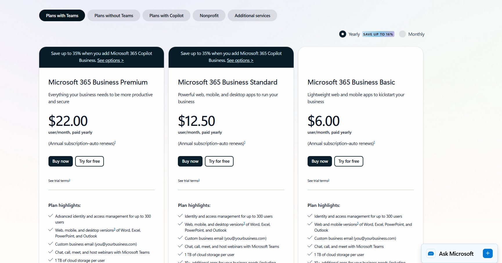 Microsoft 365 Business plans comparison screenshot