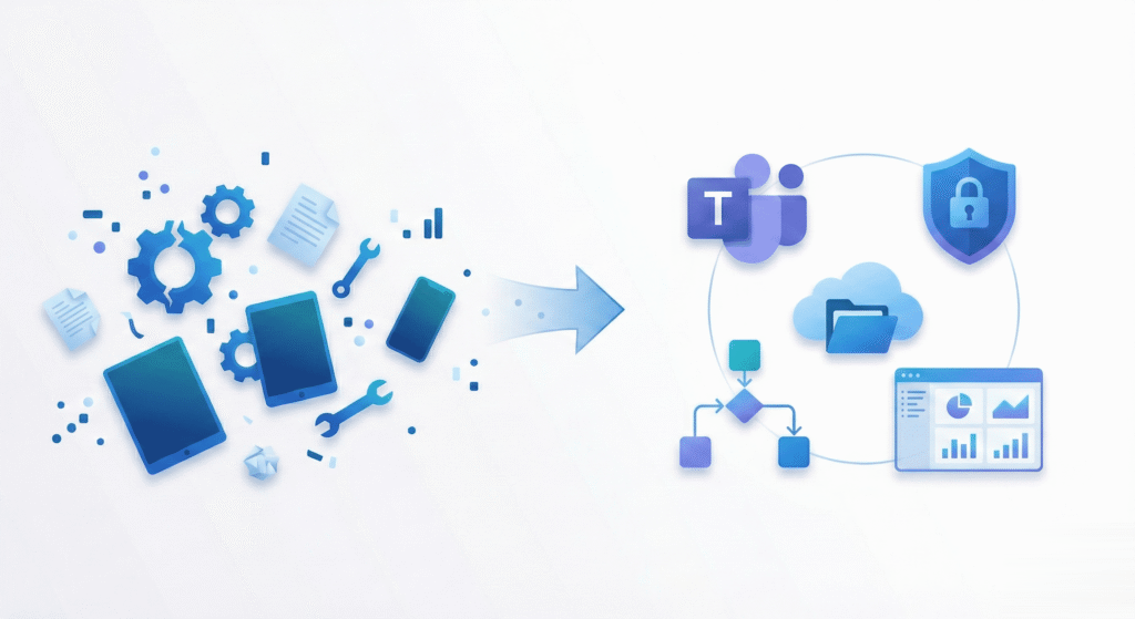 A modern, professional illustration showing a business journey from chaos to structure.
