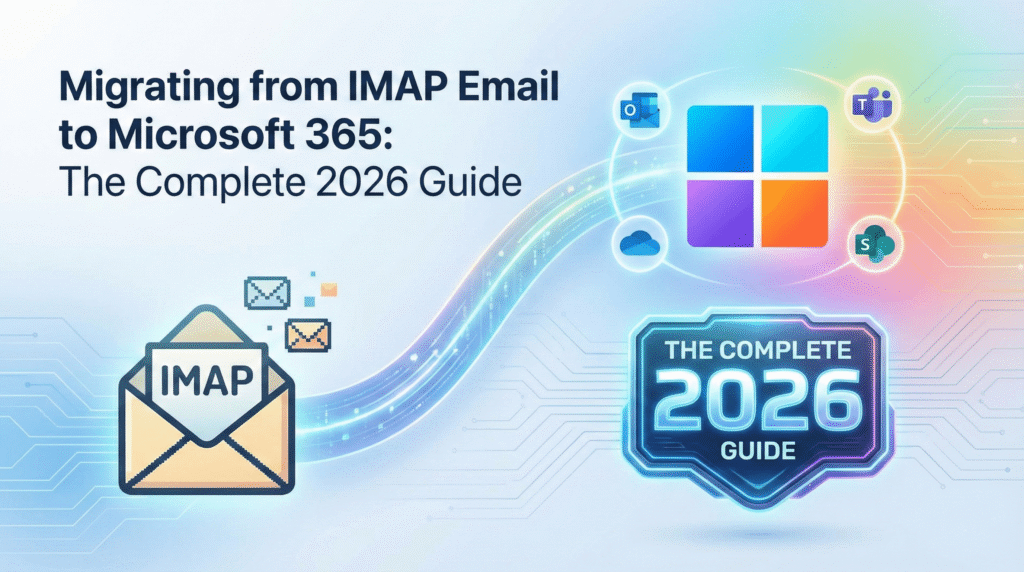 Migrating from IMAP email to Microsoft 365 showing email icons moving into Microsoft 365 apps with a 2026 guide badge