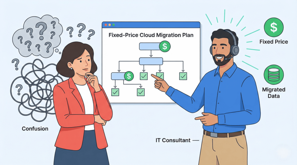 T consultant explaining a clear, fixed-price migration plan to a small business owner