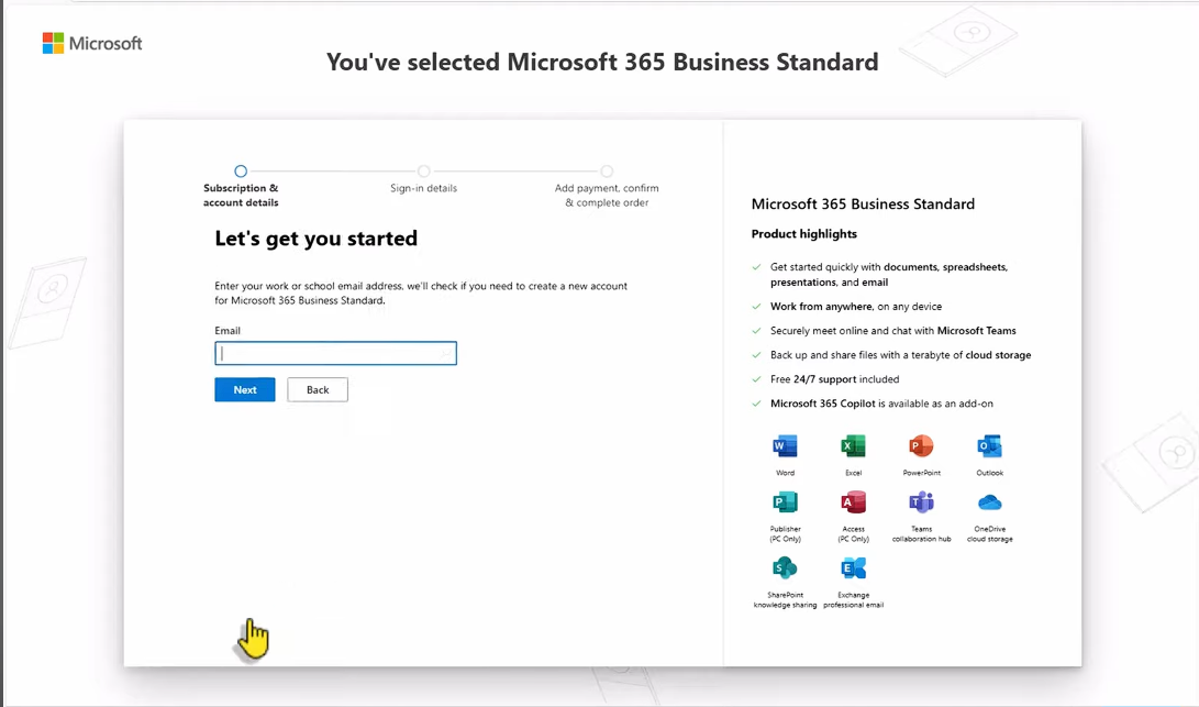 Enter personal email during Microsoft 365 signup