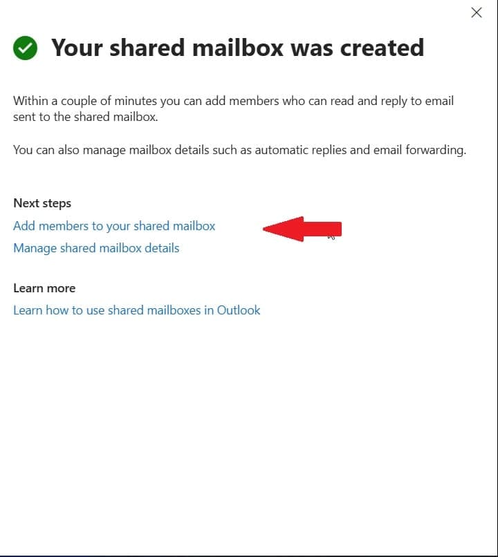 Shared mailbox created in the Microsoft 365 admin center