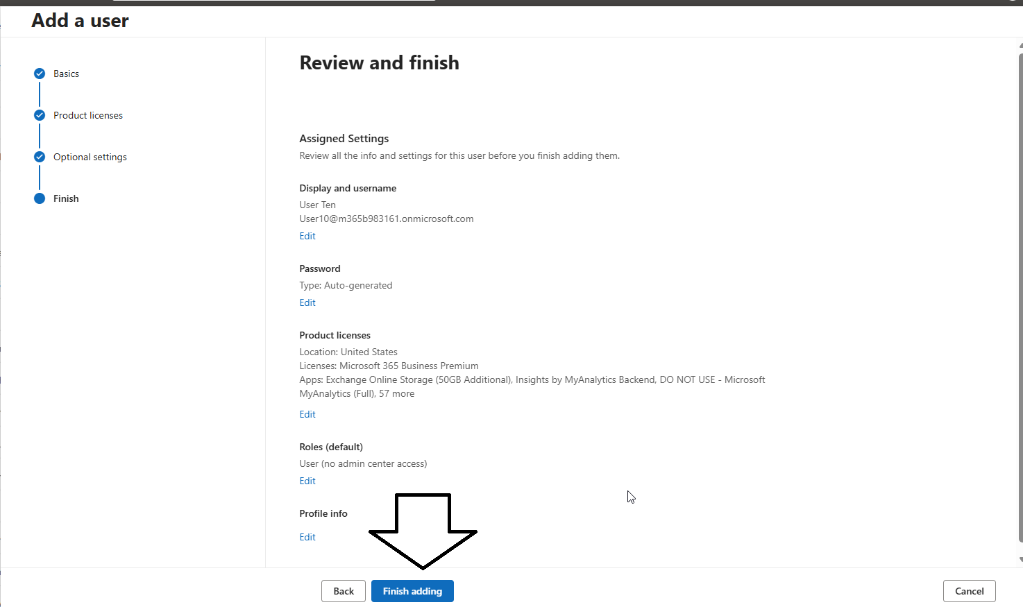 Sign in details screen shown after user creation