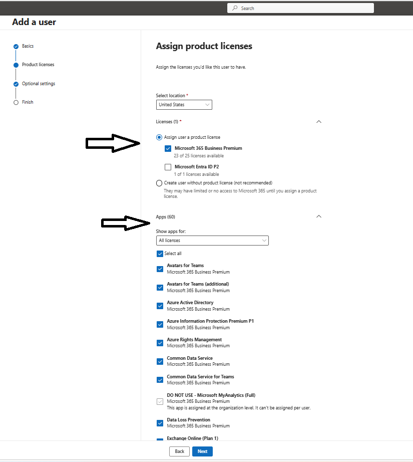 Licence assignment step showing available Microsoft 365 licences