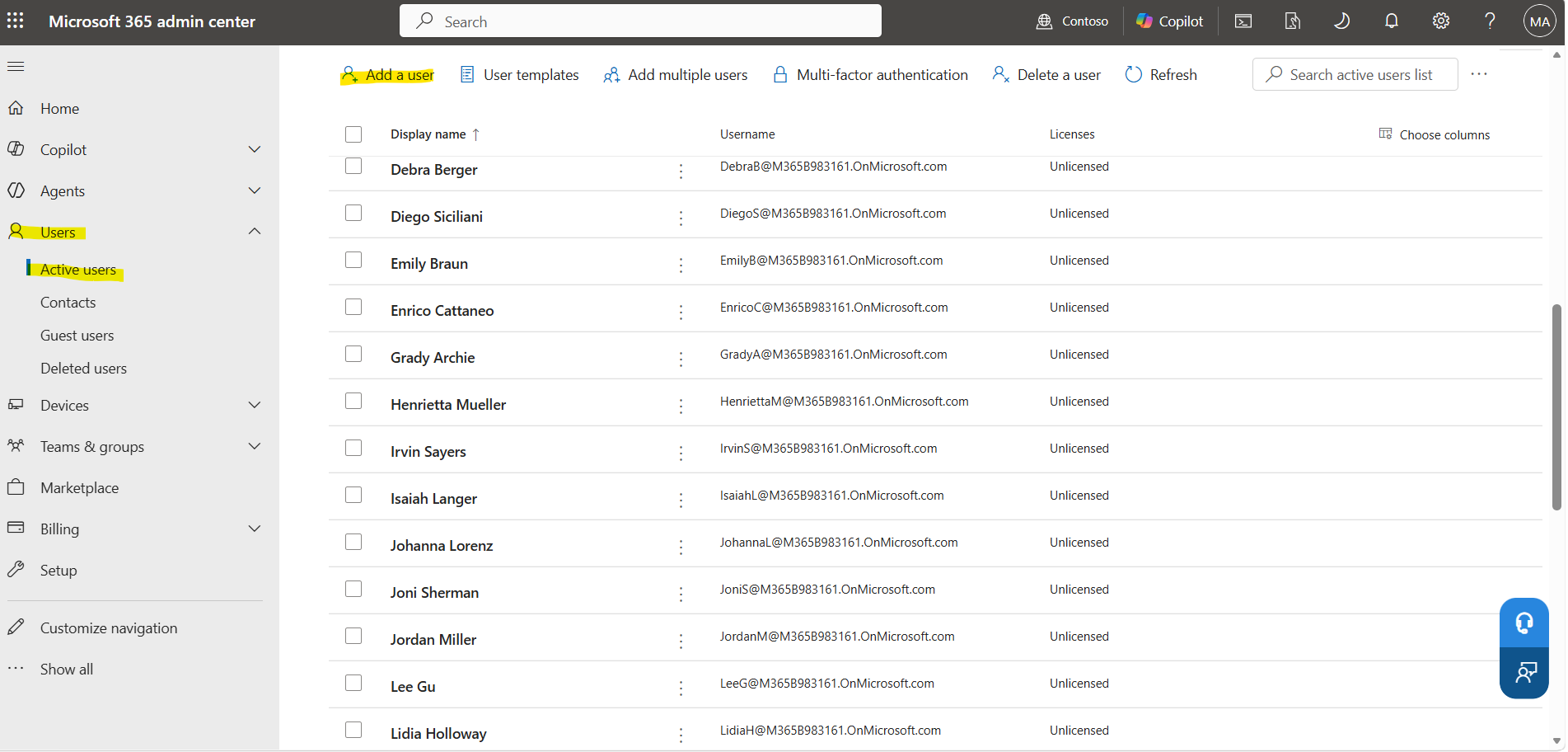 Microsoft 365 admin center showing the Active users page