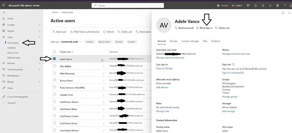 Active users page in the Microsoft 365 admin center with the departing user selected