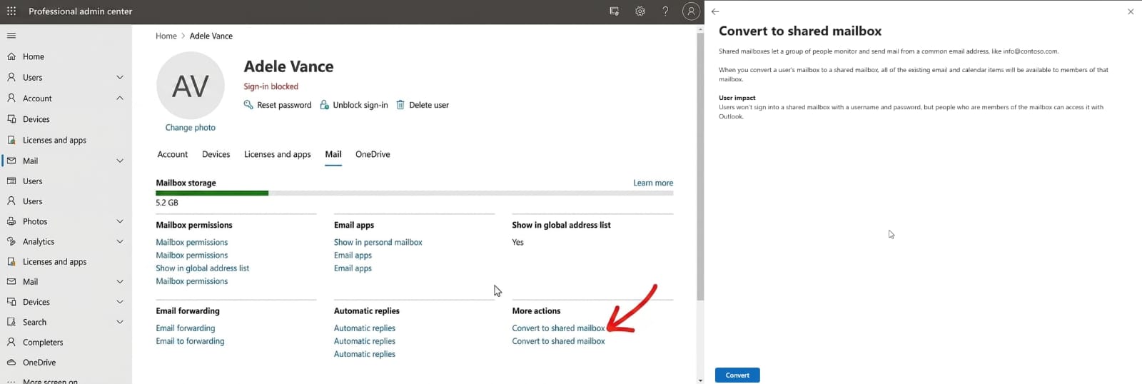 Converting a user mailbox to a shared mailbox in the admin center