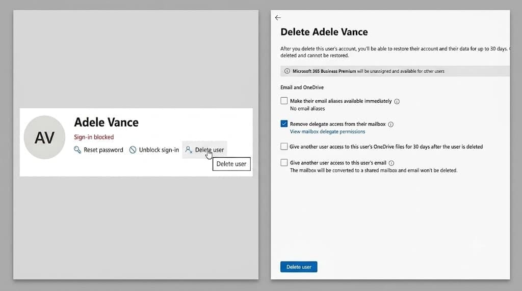 Delete user option on the account page in the Microsoft 365 admin center