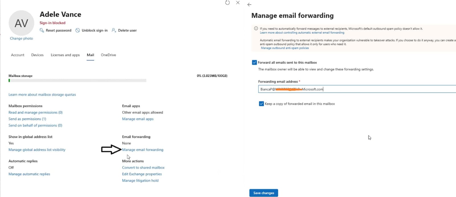 Setting up email forwarding for a departing user's mailbox