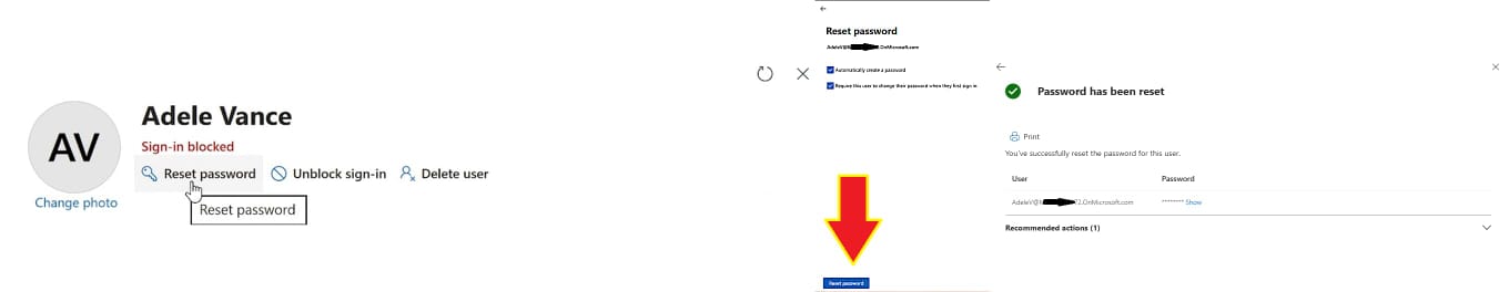 Reset password option on the user's account page in the Microsoft 365 admin center