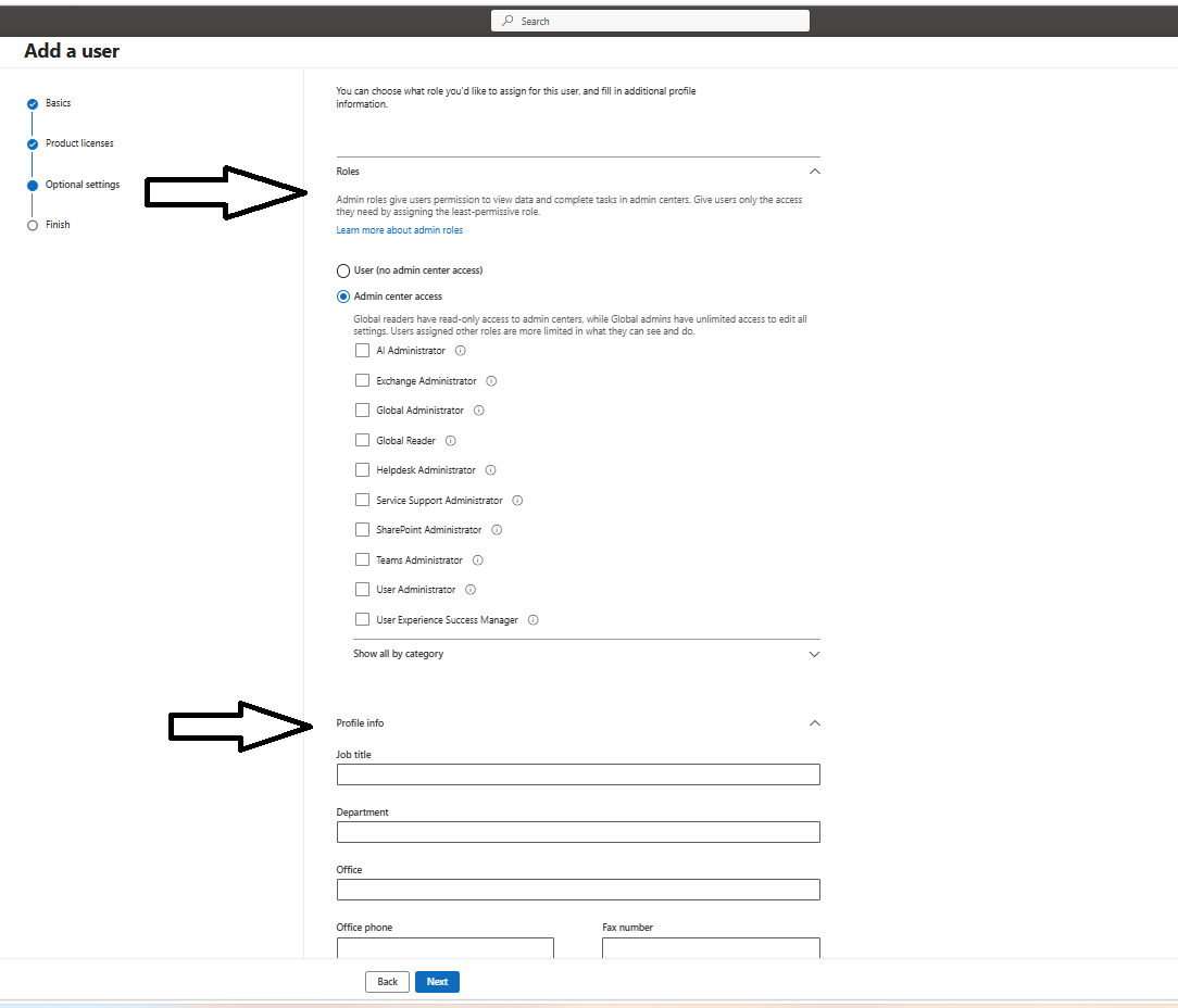 Optional settings step showing role selection and profile fields