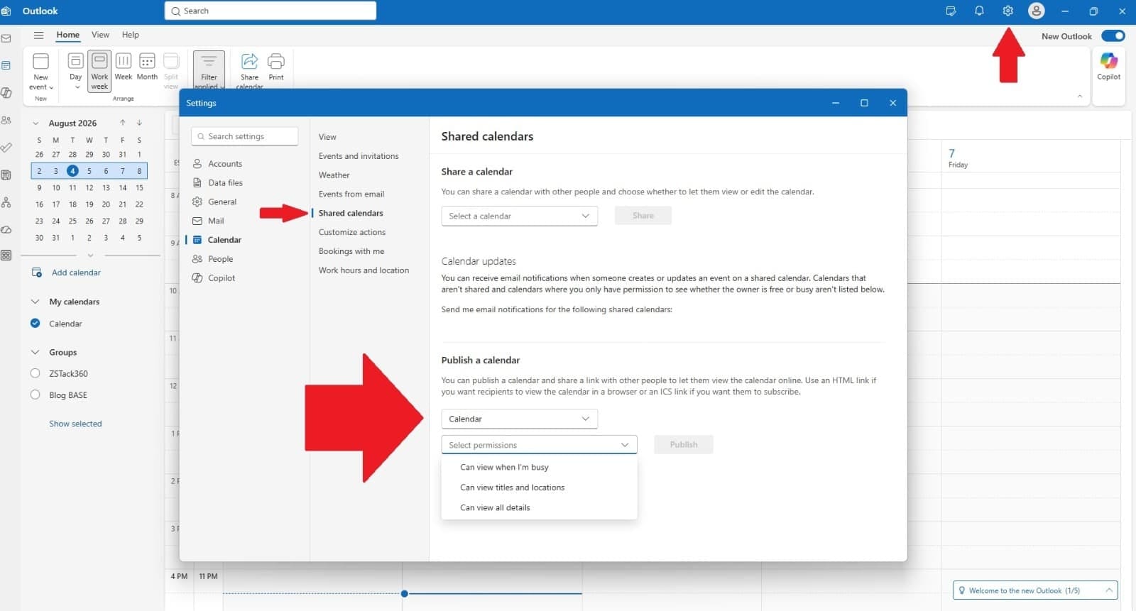 Publishing a calendar and copying the generated HTML link in Outlook on the web