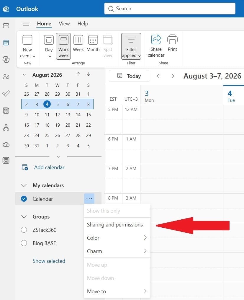 Sending a calendar sharing invitation to a recipient in Outlook