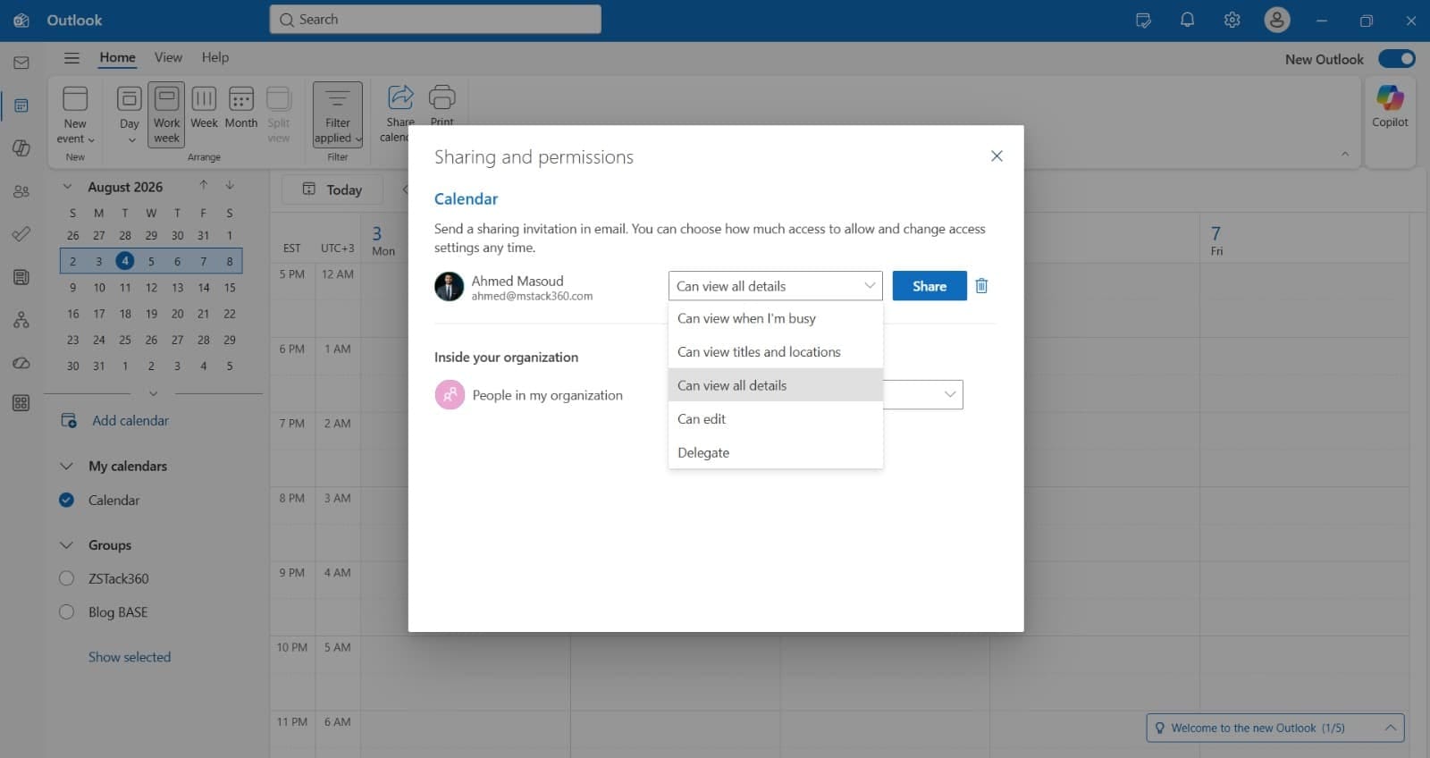 The shared calendar appearing in the recipient's Outlook after accepting the invitation