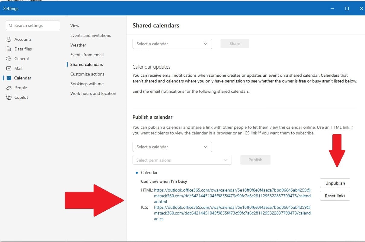 The published calendar HTML link opened in a web browser