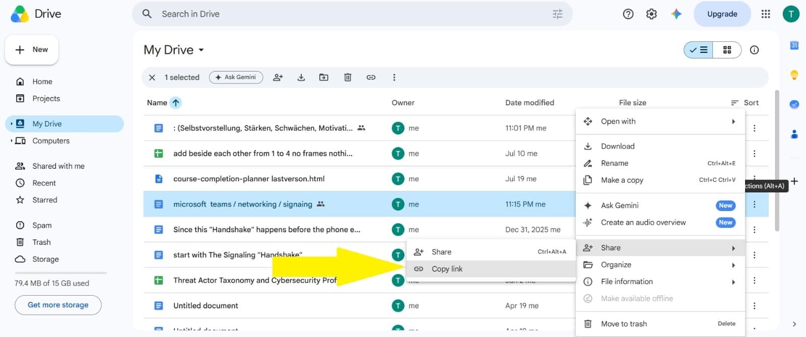 Google Drive share dialog with Copy link selected and Link copied confirmation shown