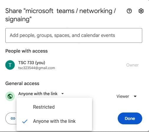 Google Drive access dropdown set to Anyone with the link