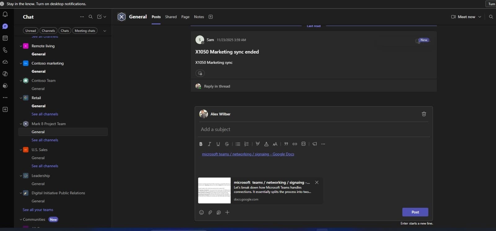 Google Drive link pasted into a Microsoft Teams message box