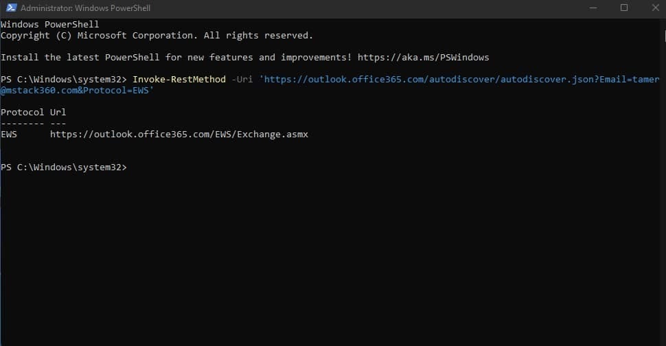 Autodiscover V2 response showing the resolved Exchange Web Services endpoint