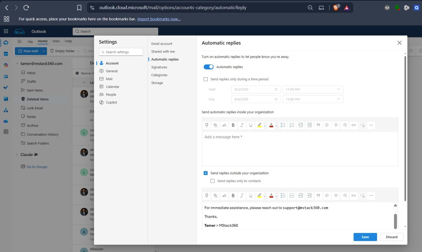 Automatic replies settings panel in Outlook on the web