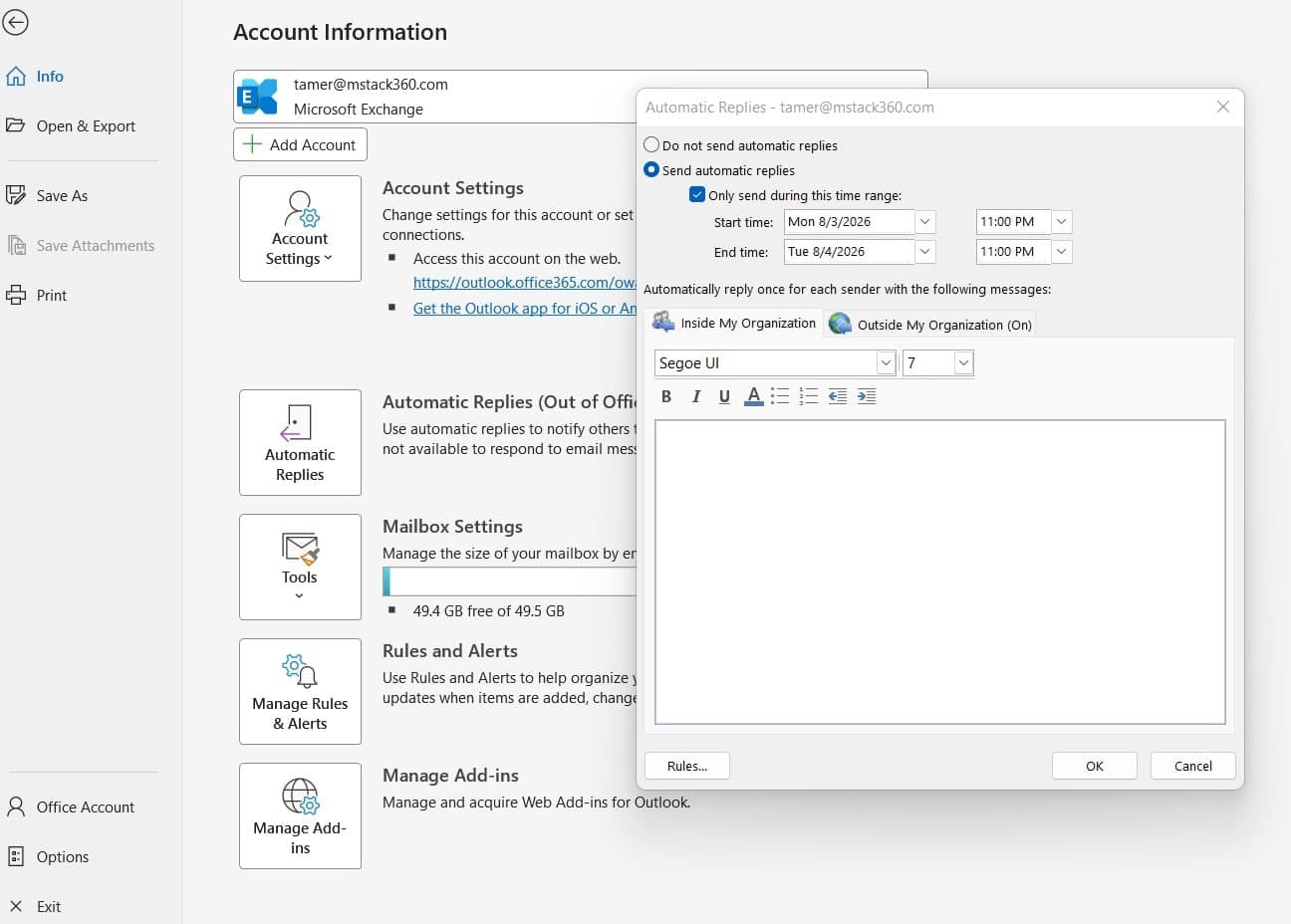Automatic Replies dialog in Classic Outlook desktop