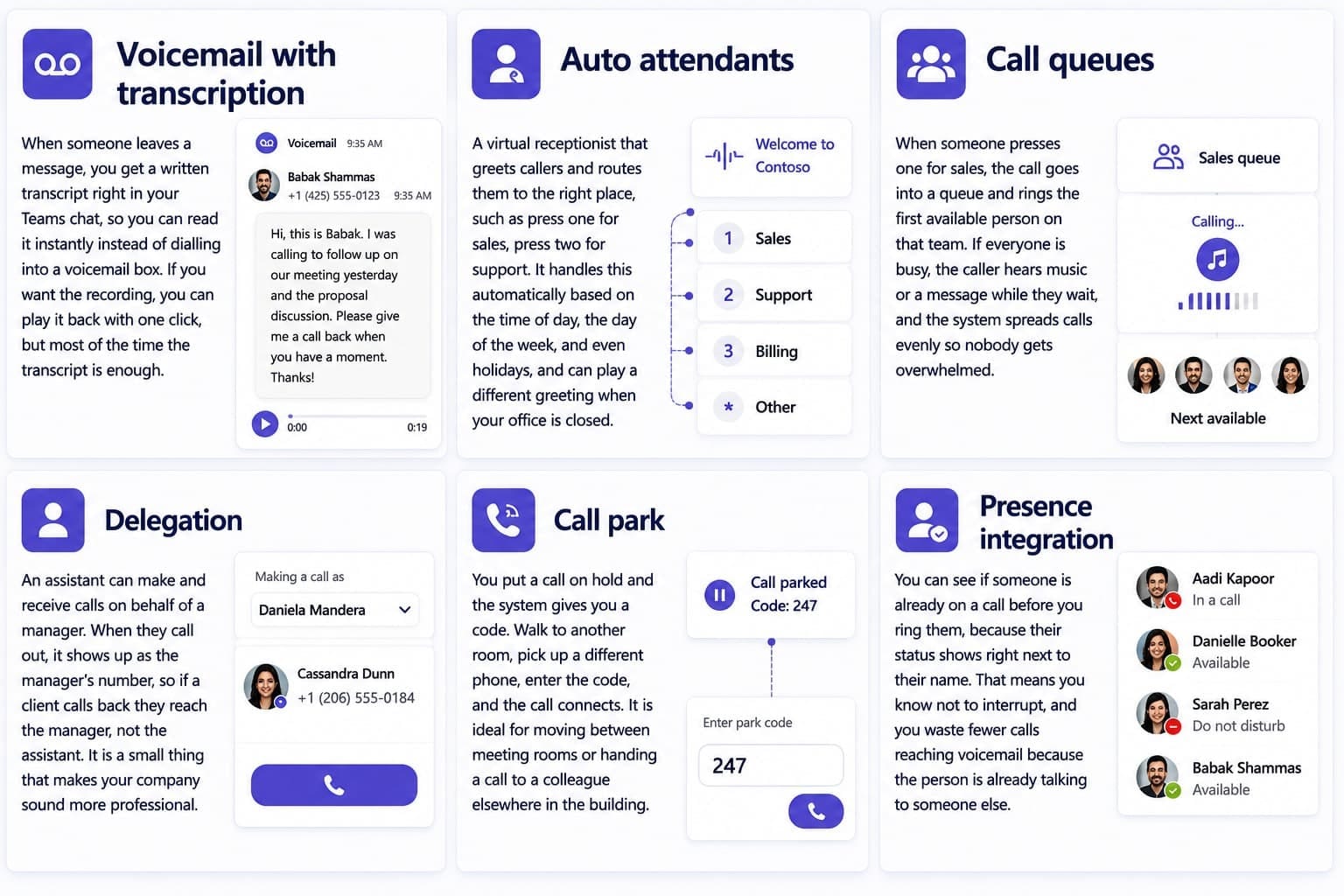 Teams Phone features: voicemail with transcription, auto attendants, call queues, delegation, call park, and presence integration